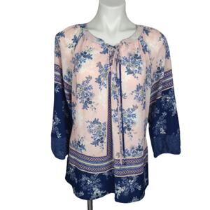 OLIVE HILL Boho Peasant Floral Top Pink Blue Med.
